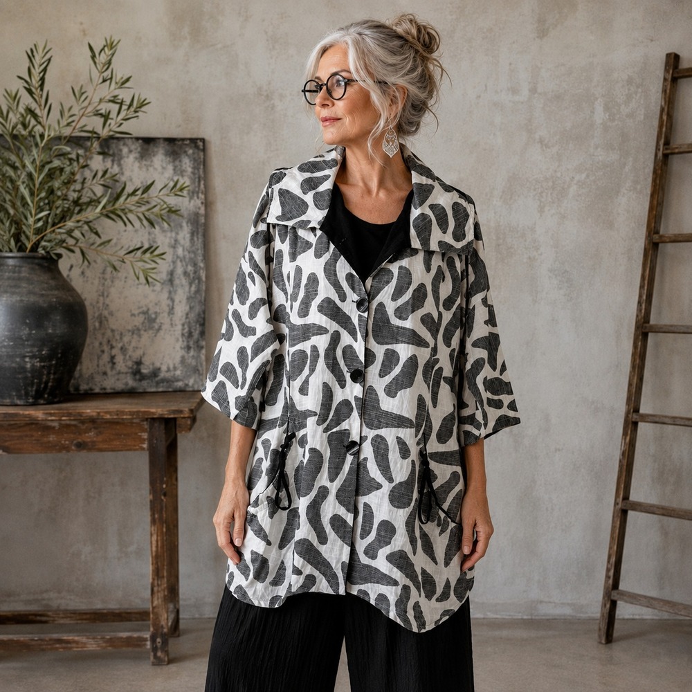 Parsley & Sage Womens Abstract Jacket Sz L Black White Lagenlook Artsy Boho